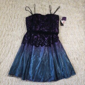 Adrianna Papell Purple Blue Ombre Black Lace Overlay Dress